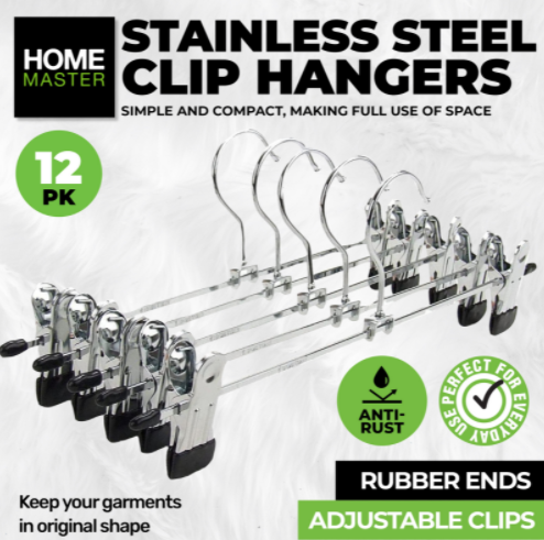 12PCE Clothes Clip Hangers Stainless Steel Adjustable Clips 30cm