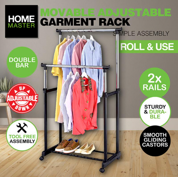 Adjustable Double Garment Rack Space Saver Castor Wheels