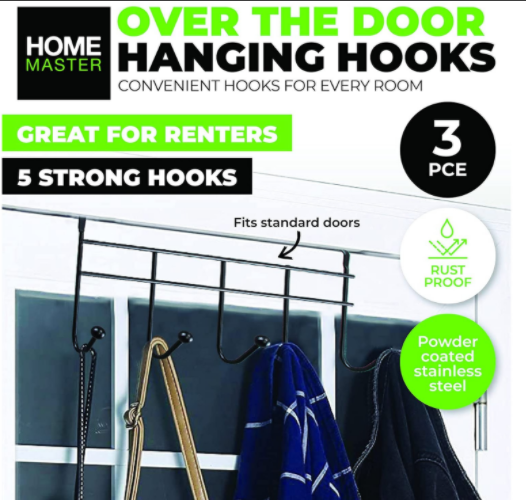 3PK Over Door Hanger 5 Hook Multi-Purpose Space Saver 37cm