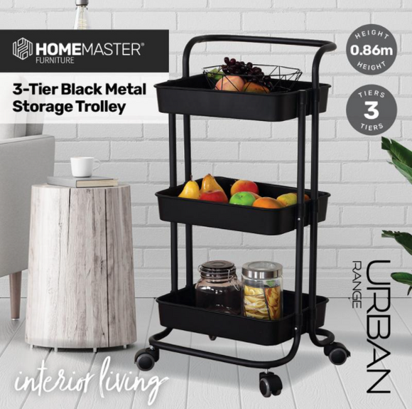 3 Tier Black Storage Trolley Metal Stylish 86cm - Black