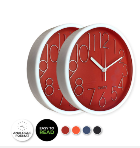 2PCE Quartz Wall Clock Round Analogue Stylish Design 19.5cm - Red