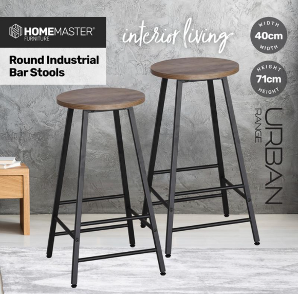 2PCE Bar Stools Round Neo Industrial Designed Stylish Modern 71cm - Black and Walnut