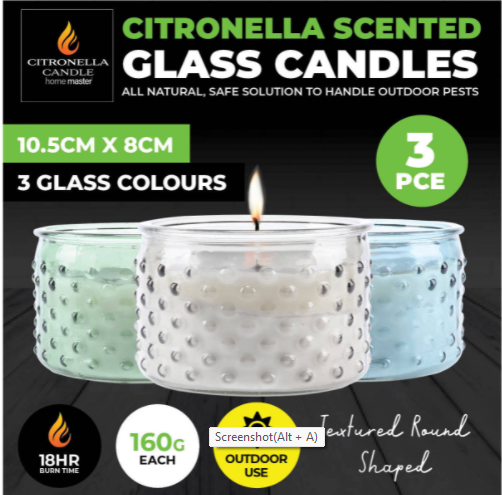 3PCE Citronella Scented Candles Textured Coloured Glass Pots 160g