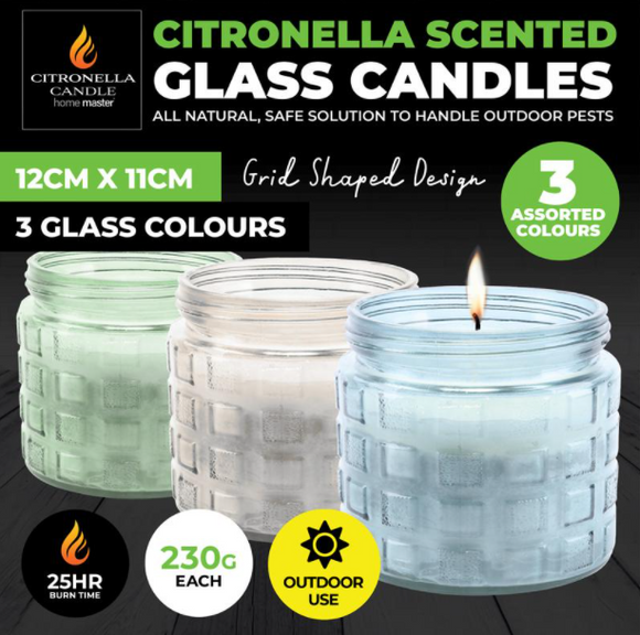 3PCE Citronella Scented Candles Textured Coloured Glass Pots 230g