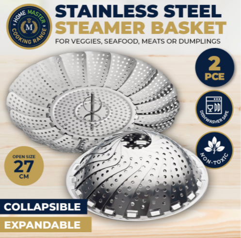 2PCE Steamer Basket Stainless Steel Collapses Expands 17cm