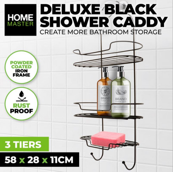 Shower Caddy Deluxe Black Rust Proof 3 Tier 28 x 58cm - Black