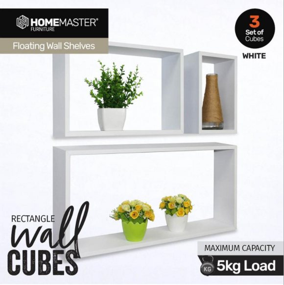 3PCE Floating Rectangle Wall Cubes White Finish Modern Design