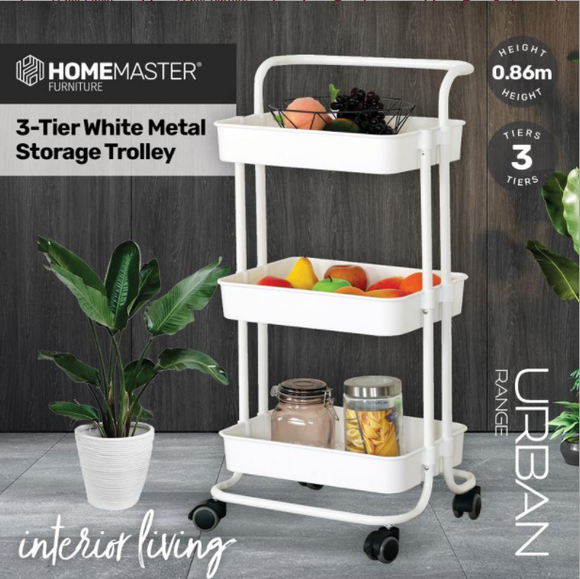 3 Tier White Storage Trolley Metal Stylish 86cm - White