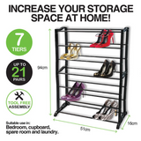 7 Tier Stackable Shoe Rack Metal Rods Shelf Holder Portable Black - Black