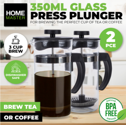 2PCE Coffee Tea Plunger 3 Cup Brew Dishwasher Safe Glass 350ml