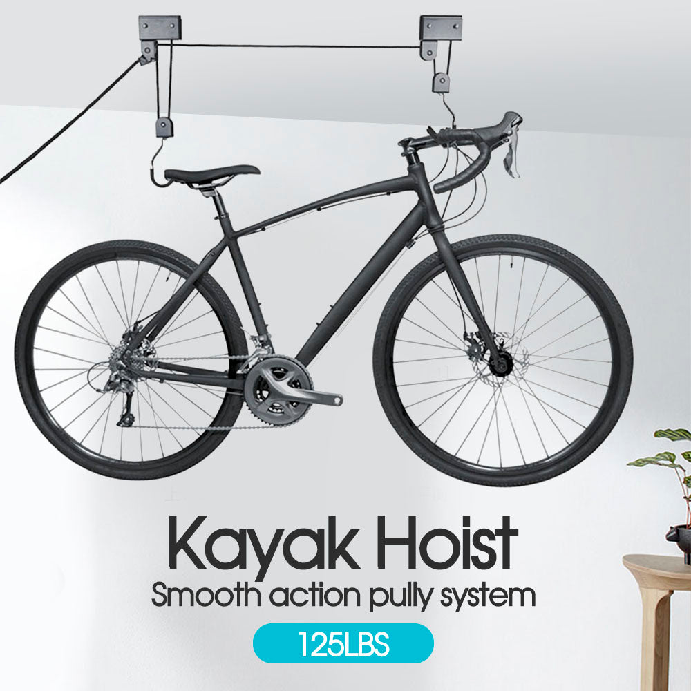 Bike Rack Pully Kayak Hoist Pulley System Bike Lift Garage Ceiling Rack Storage 125LBS ...