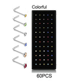 60pcs Nose Studs Zirconia Gem L Steel Ring Bar Body Piercing Jewellery Pin Bulk