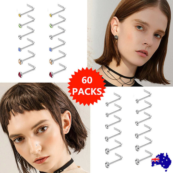 60pcs Nose Studs Zirconia Gem L Steel Ring Bar Body Piercing Jewellery Pin Bulk