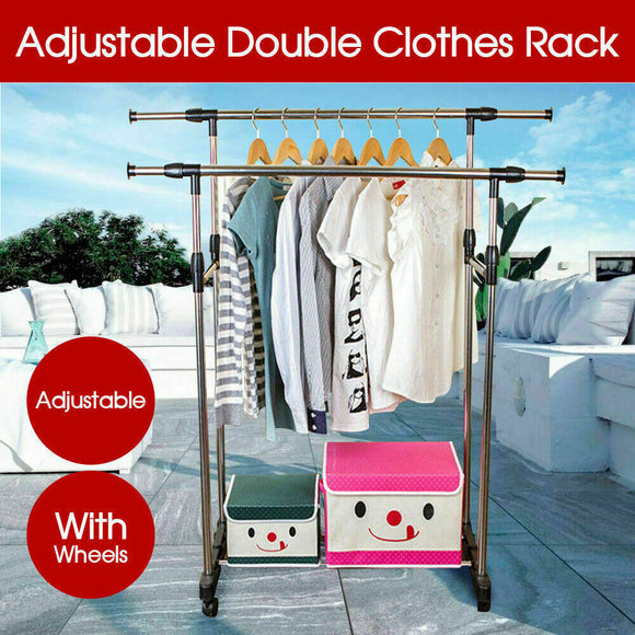 AU Garment Holder Clothes Rack Double Stainless Shelf Hanger Adjustable Coat