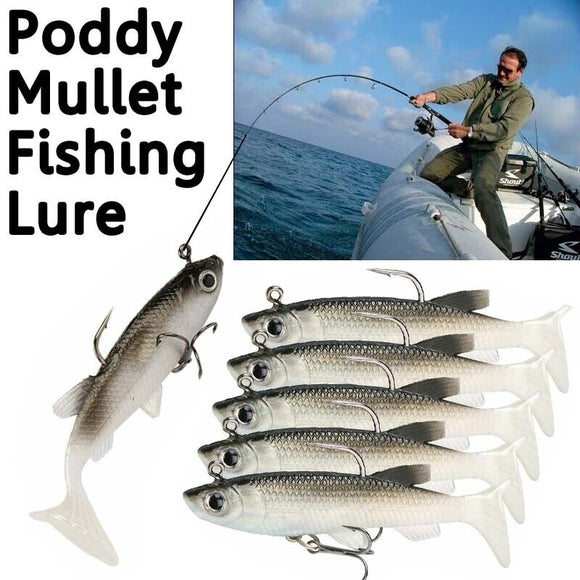 5x Soft Plastic Vibe Lures Poddy Mullet Flathead Jig Heads Barra Cod Fishing AU