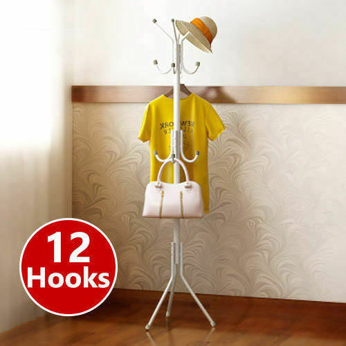 12 Hook 3-Tier Coat Hat Clothes Rack Free Standing Metal Tree Style Hanger White