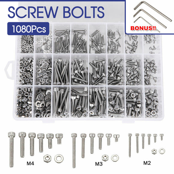 1080pcs M2/M3/M4 Stainless Steel Bolts Nuts Screws Hex Head Assorted Kit Set