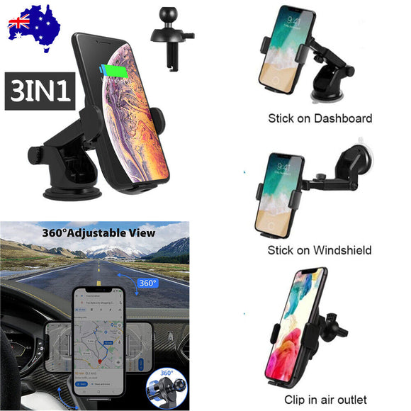 15W Qi Wireless Car Charger Auto Clamping Mount Fast Air Vent Phone Windshield