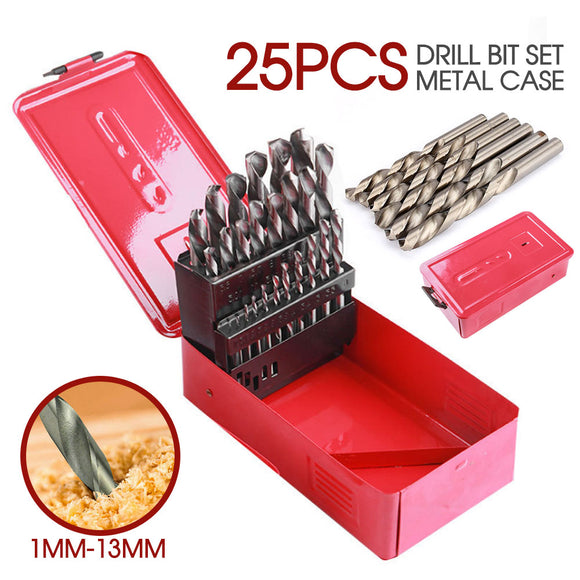 Drill Bits Set 25Pcs Metric Metal High Speed Steel Case 1-13mm Coated