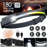 Waterproof COB LED Motion Sensor Head Torch Headlight USB Rechargeable Headlamp