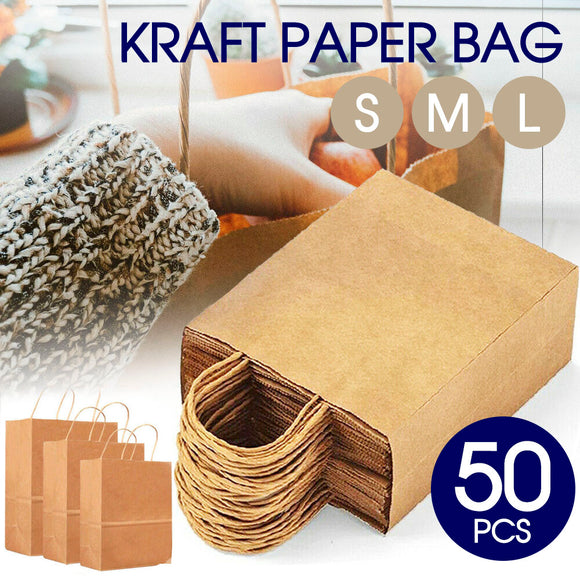 50 x Bulk Kraft Paper Bags Gift Shopping Carry Craft Brown Bag with Handles AU