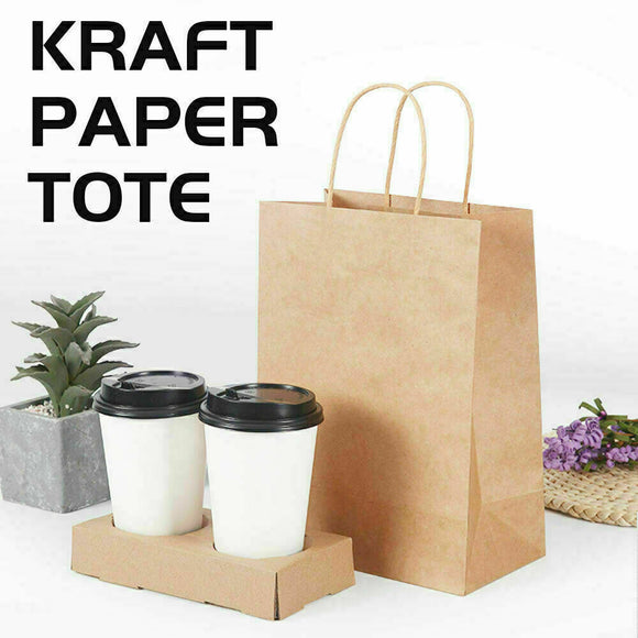 50 x Bulk Kraft Paper Bags Gift Shopping Carry Craft Brown Bag w/ Handles Size S