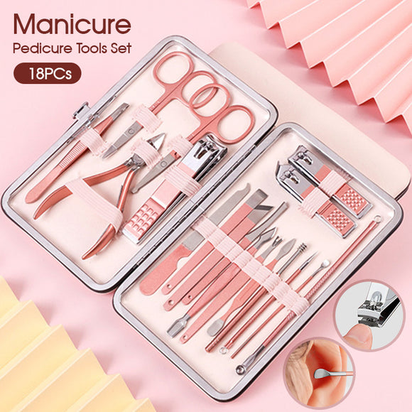 18PCS Manicure Pedicure Kit Set Stainless Steel Nail Grooming Clippers Tools