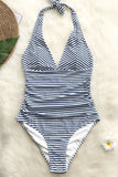 CUPSHE Blue And White Stripe Halter One Piece Swimsuit S/8