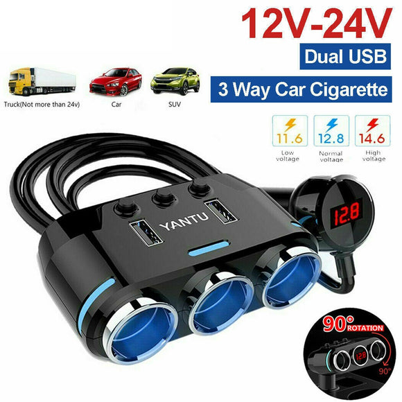 3 Way 12V Multi Socket Car Splitter Dual USB Charger Adapter