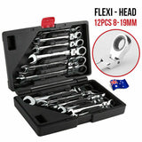 12 Pcs Metric 8-19mm Flexible Head Spanner Set Gear Ratchet Wrench Cr-V Steel