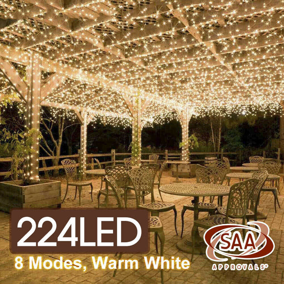 224 LED Fairy Lights Warm White Garden Party Power Wedding String Curtain Lamp