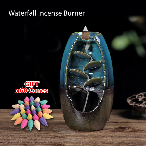 Backflow Ceramic Mountain Waterfall Smoke Incense Burner Cones Holder & 60 Cones