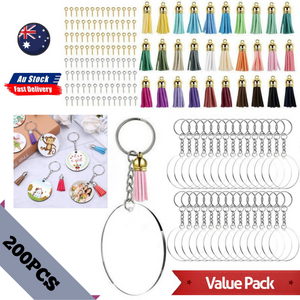 200pcs Keyring Clear Acrylic Circle Discs Keychain Blank Tassel Pendants DIY Kit