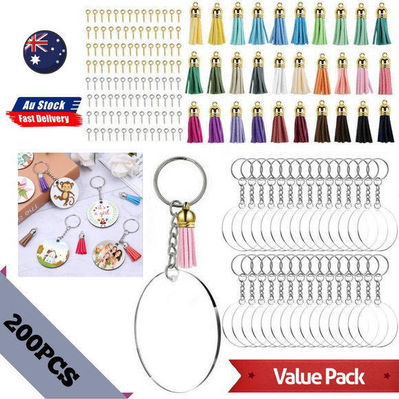 200pcs Keyring Clear Acrylic Circle Discs Keychain Blank Tassel Pendants DIY Kit