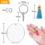200pcs Keyring Clear Acrylic Circle Discs Keychain Blank Tassel Pendants DIY Kit
