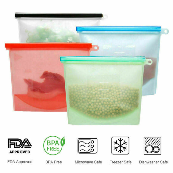 4pc Silicone Food Storage Bags Leakproof Zip Seal Stand Reusable Set Pouch Fresh