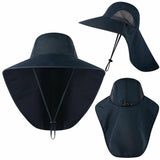 Sun Protection Neck Flap Cap Unisex Outdoor Sport Fishing Hat Wide Brim Cover - Navy