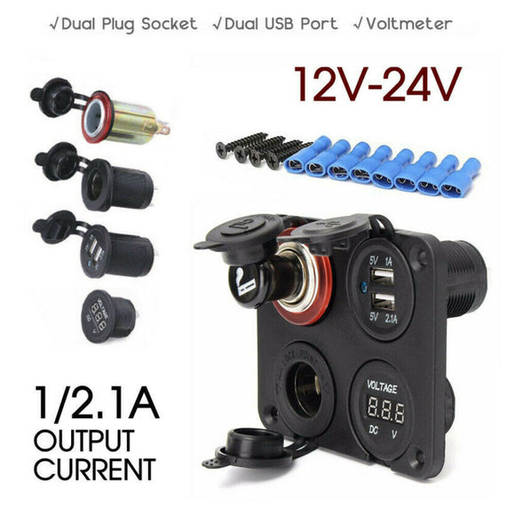 12V-24V Car Cigarette Lighter Socket Dual Plug + Dual USB Port Charge +Voltmeter