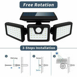 3 Head Solar Motion Sensor Light Outdoor Garden Wall Security Flood Lamp 74LEDs