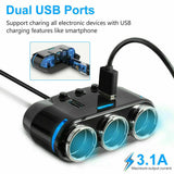 3 Way 12V Multi Socket Car Splitter Dual USB Charger Adapter