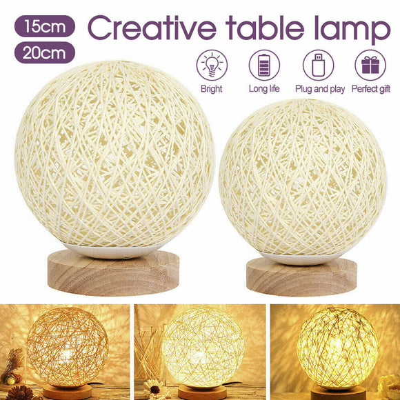 15/20cm Wooden Rattan LED Table Desk Bedside Night Light Lamp Home Room Decor