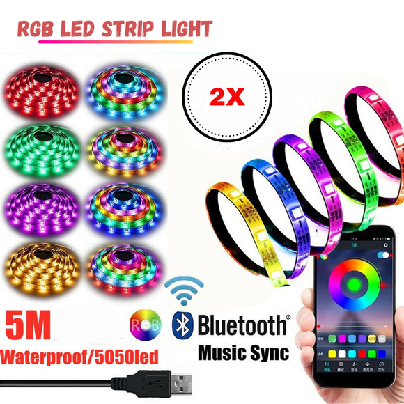 2x 5M Bluetooth LED Strip Light 5050 RGB Color Changing Waterproof Music USB 5V