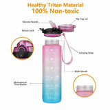 Motivational Water Bottle 1L Drink Flask With Time Markings BPA Free Sport Gym