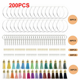 200pcs Keyring Clear Acrylic Circle Discs Keychain Blank Tassel Pendants DIY Kit