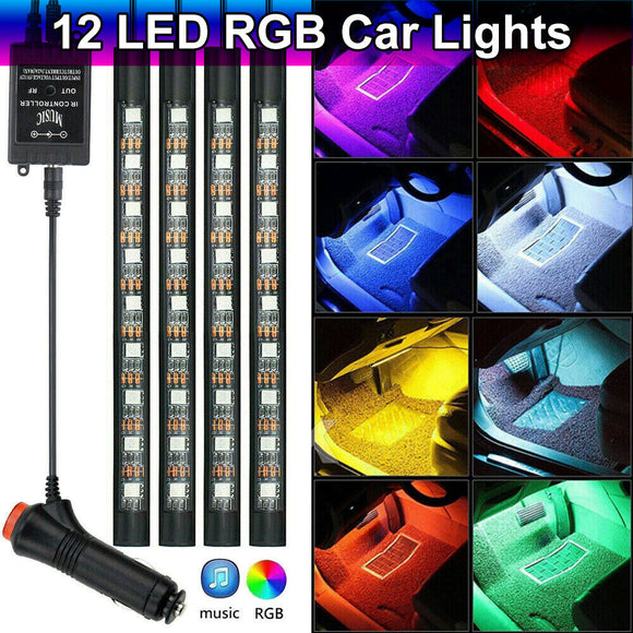 4X 12V 12LED RGB Car Interior LED Strip Lights Wireless Remote Control Music