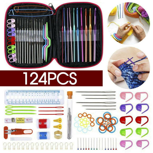 Aluminum Crochet Hooks Kit 124PCS Weave Yarn Knitting Needles Sewing Tools Case