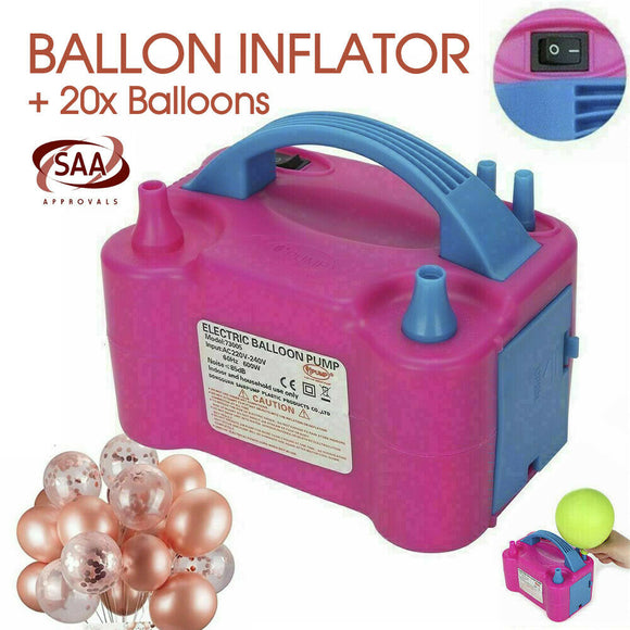 Electric Balloon Pump Inflator 600W Power 2 Nozzles Portable + 20x Balloon