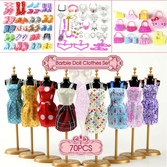 70pcs Items For Barbie Doll Jewellery Clothes Set Accessories Dresses Shoes