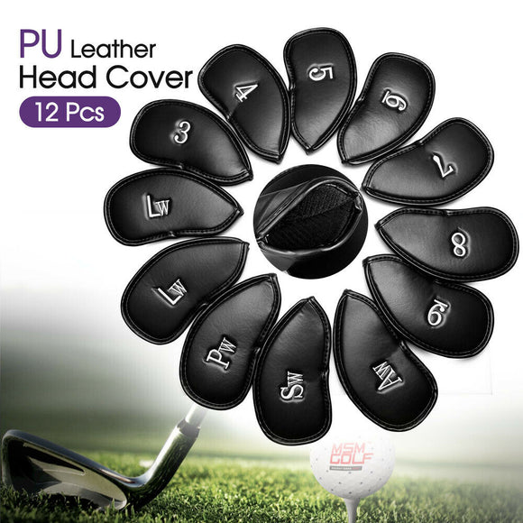 Golf Club Iron Head Covers Set 12PCS PU Leather Putter Headcover 3-SW Big Number