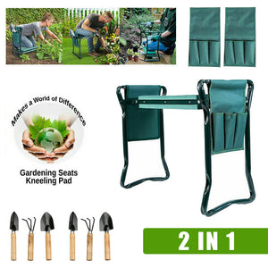 GARDEN KNEELER PADDED PAD SEAT STOOL 2 in1 GARDENING WORK 6 TOOLS + 2 POUCHES